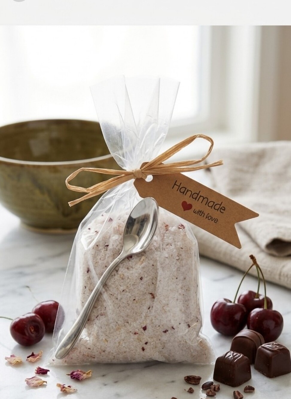 Handmade Chocolate Cherry Bath Salt Sachet with Spoon 4 Oz.
